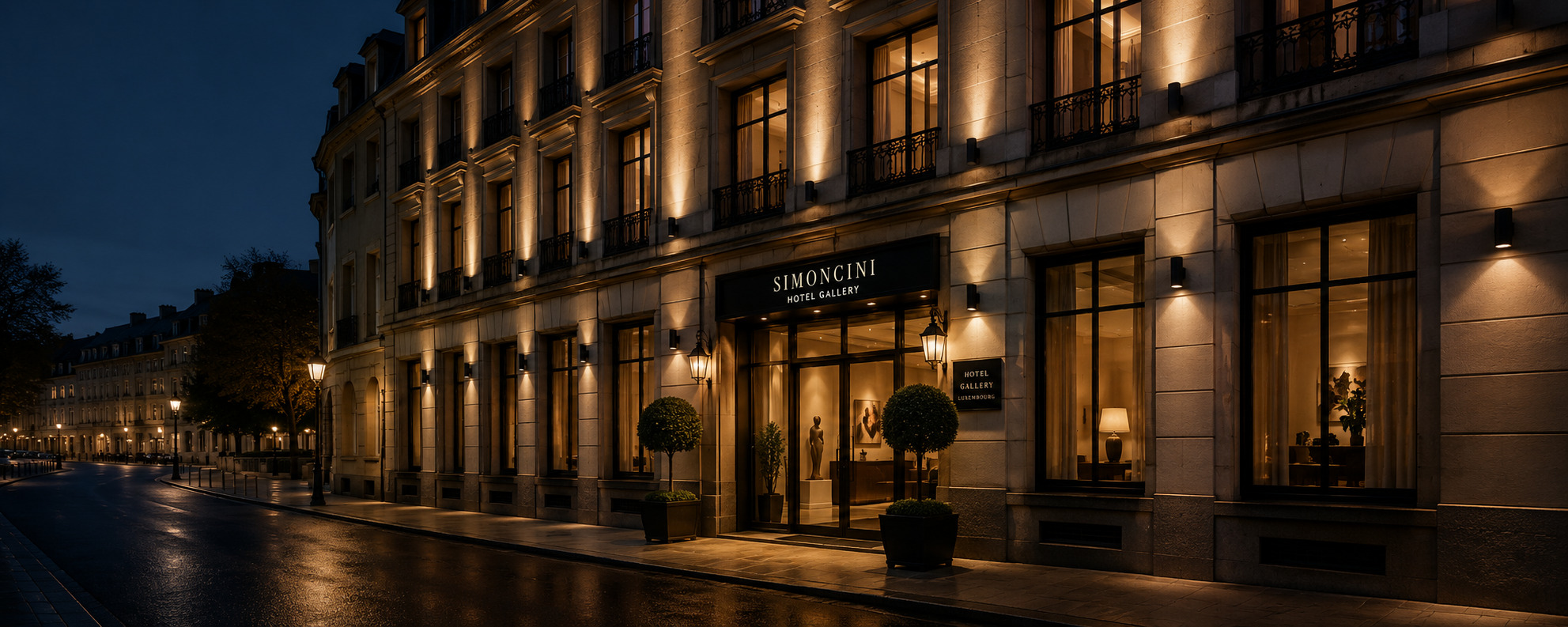 Cinematic facade of Hotel Simoncini at night